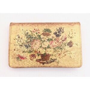Rare VTG Saint Yves Paris Gold Foiled Leather Bifold Clutch w Hand Strap Floral